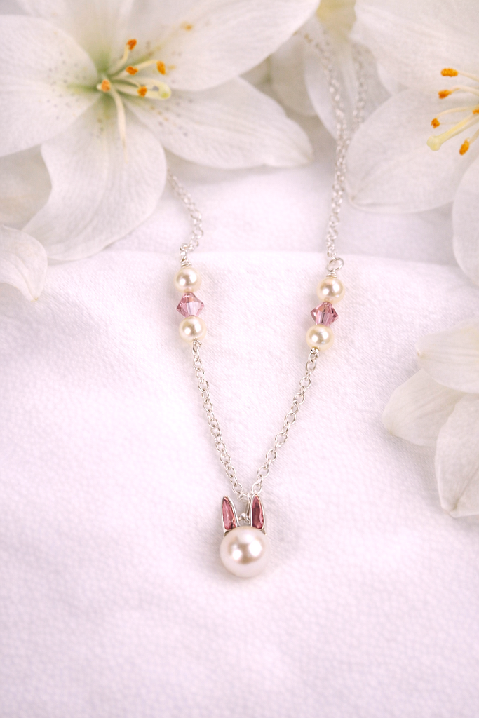 Easter Rabbit Hanging Chain Easter Rabbit Pearl & Crystal Silver Pendant on Silver chain necklace ...